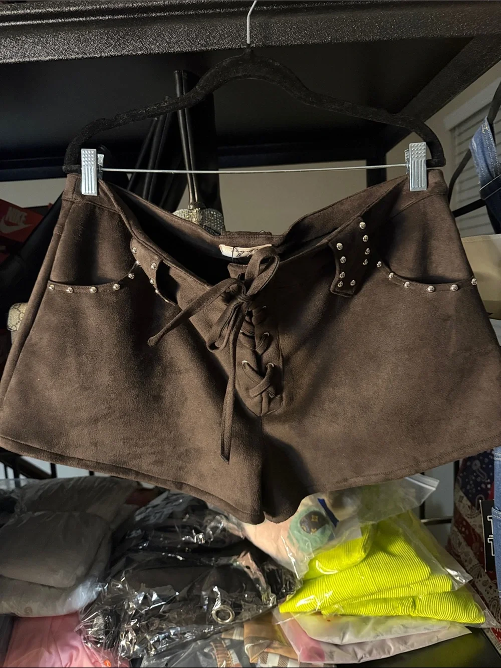Vigoss Brown Suede Lace-Up Studded Shorts